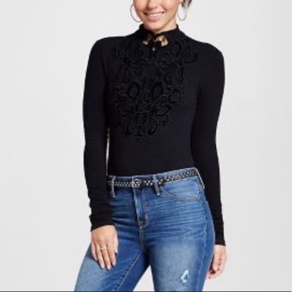 XHILARATION M Black boho bodysuit BNWT